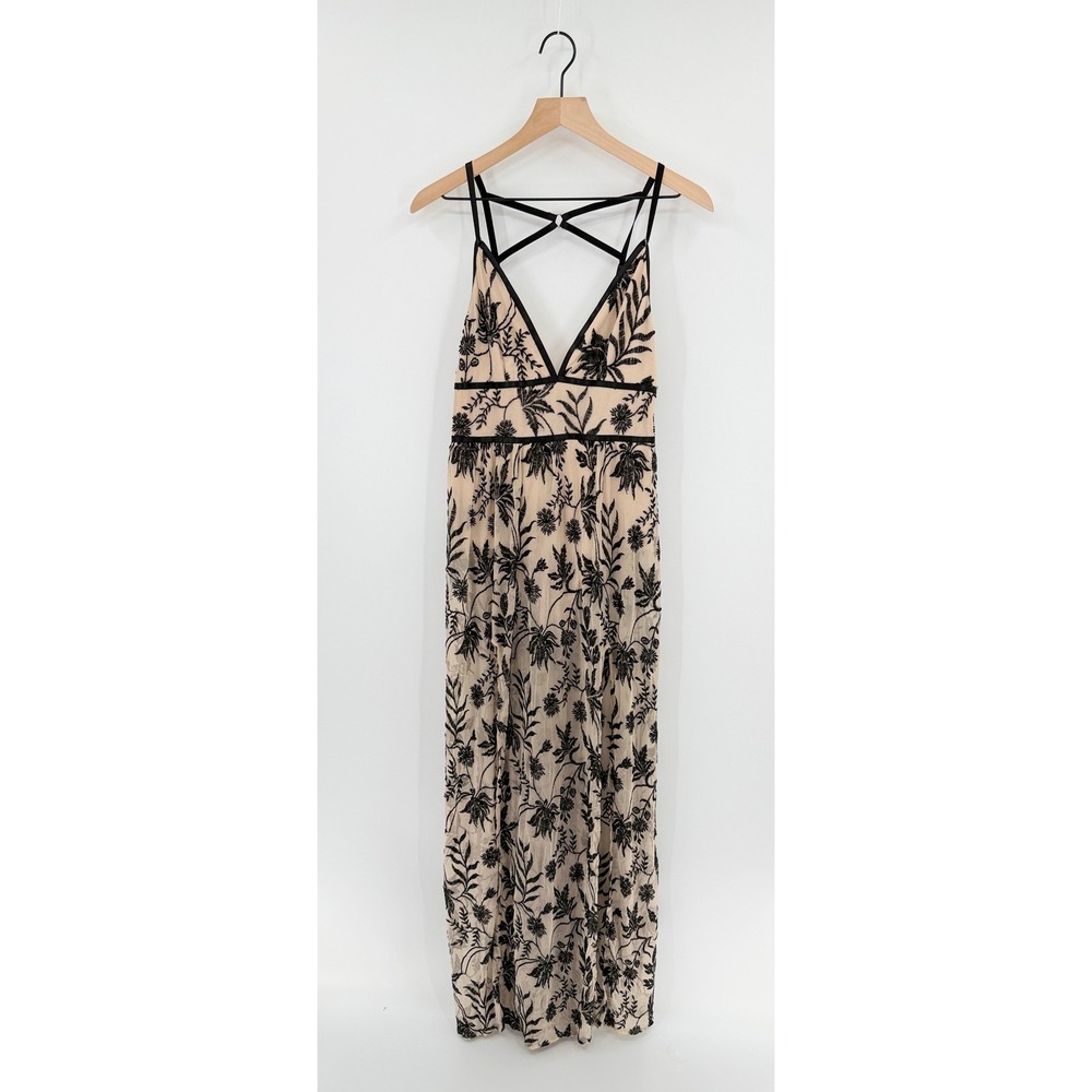 Whimsigoth Floral Embroidered Black Nude Mesh Maxi Dress S Romantic HOCO